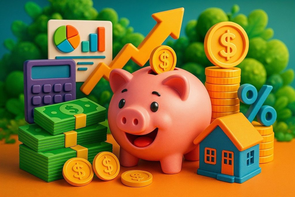 Piggy bank with different asset images