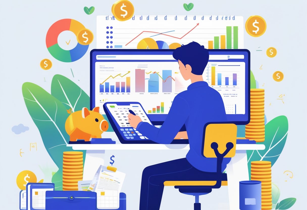 A person working at a desk with a calculator, notepad, and computer displaying charts, surrounded by coins and a piggy bank, symbolizing budgeting and financial planning.