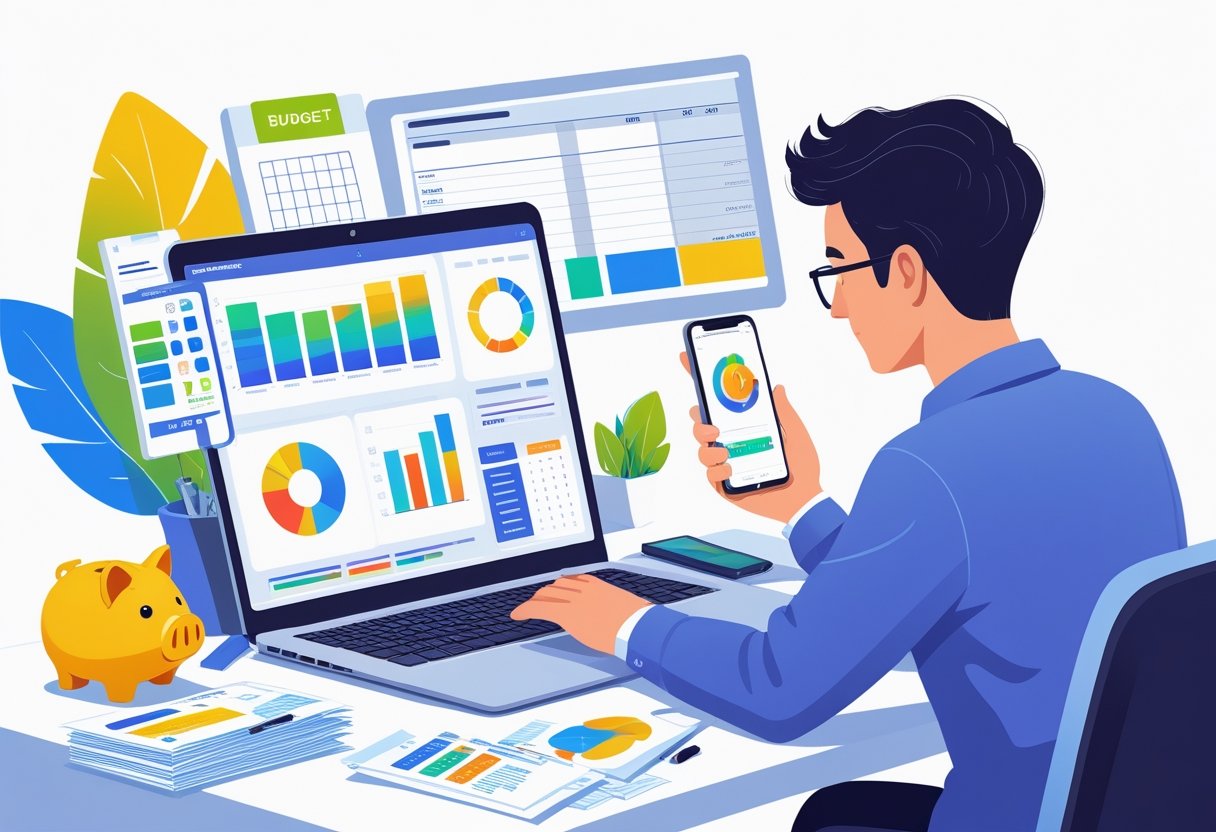 A person at a desk tracking spending with a laptop showing charts, a notebook, and a smartphone budgeting app, surrounded by financial items like a piggy bank and calendar.