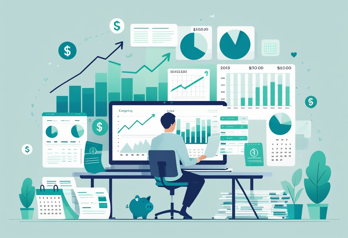 A person at a desk reviewing financial charts and documents with symbols of money and growth around them.