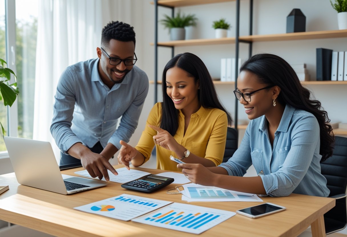 Three adults working together at a desk with a laptop, calculator, and paperwork, managing their personal finances in a bright home office.