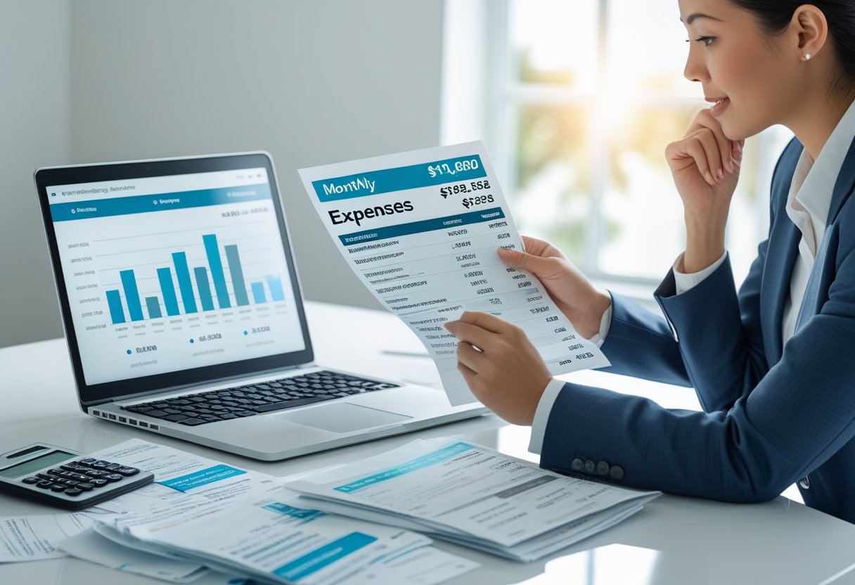 Person reviewing bills and using a calculator at a desk with a laptop and receipts.