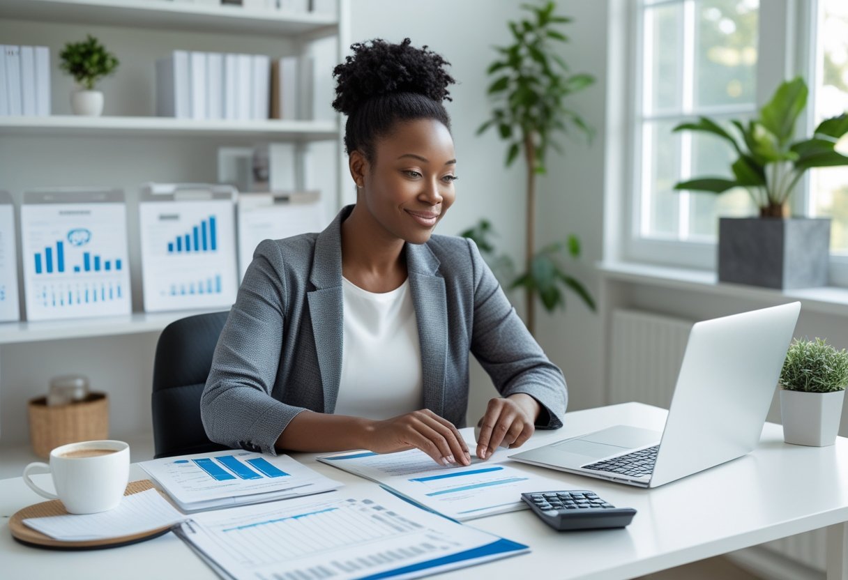 A person sitting at a desk reviewing financial documents with a laptop, calculator, and notebook in a bright home office.