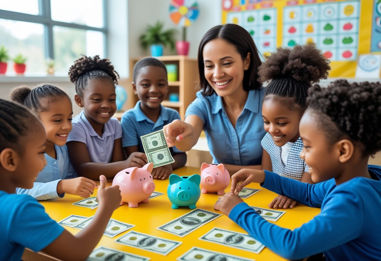 V2-15wupt-uq0gp - Lets Hack Your Finances Children and a teacher interacting in a classroom while learning about money using play money and piggy banks.
