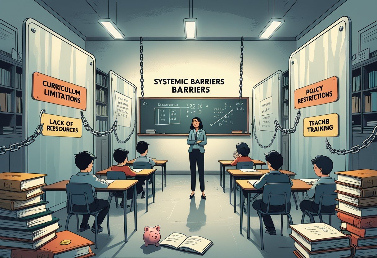 A classroom scene showing a teacher and confused students surrounded by symbolic barriers representing obstacles to teaching personal finance.