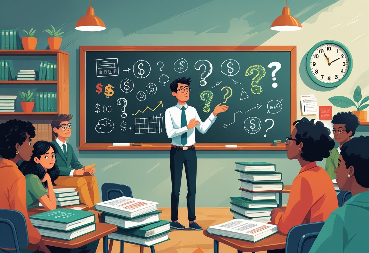 A teacher stands in front of a chalkboard with financial symbols and charts, surrounded by curious students and limited teaching materials in a classroom.
