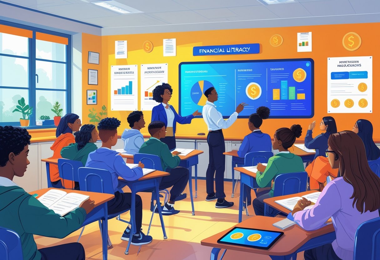 A classroom with students and a teacher learning about personal finance using charts and digital tools.