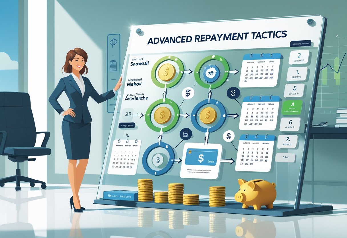 A businesswoman stands by a transparent board showing a flowchart of debt repayment methods with icons of coins, credit cards, and calendars in a modern office.