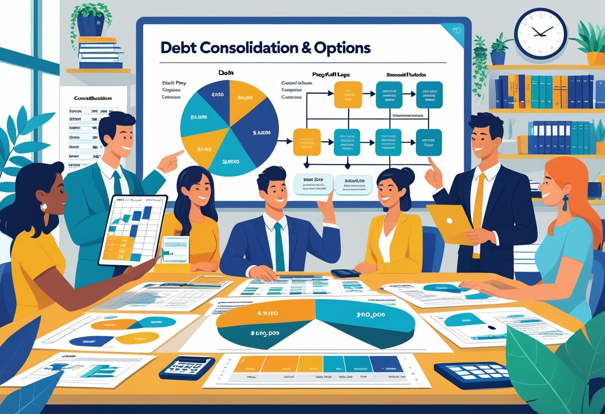 People gathered around a table reviewing financial documents and charts about debt payoff strategies with a flowchart on a whiteboard in a modern office.