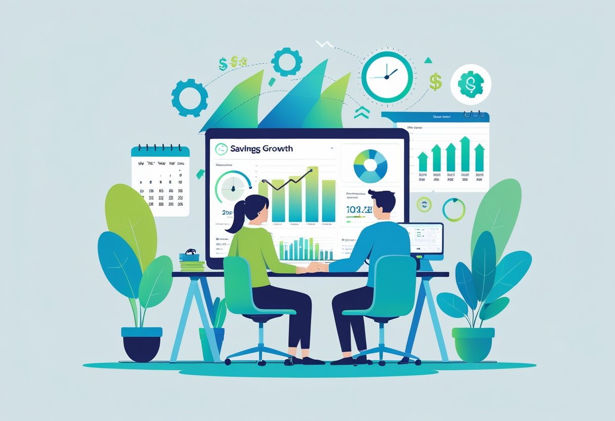 A person at a desk using a digital interface with charts and graphs, surrounded by icons representing automation and savings planning.