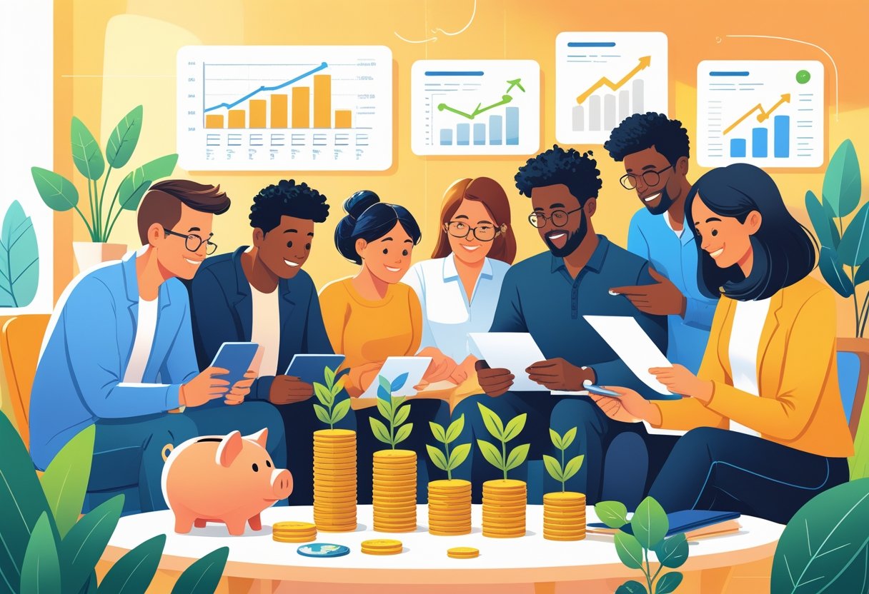 People discussing and exploring different savings and investment options with symbols like piggy banks, coins, and growth charts around them.