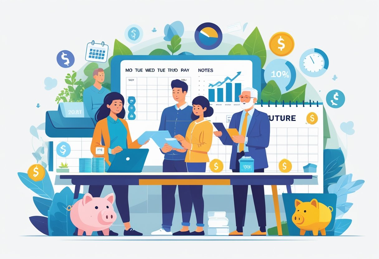 People planning and saving money together with symbols of life goals like a house, education, and retirement around them.