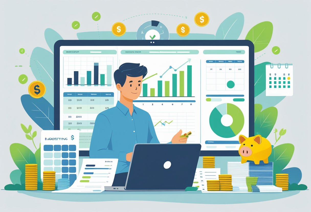 A person working at a desk with financial documents, a calculator, and a laptop showing charts, surrounded by coins, a piggy bank, a calendar, and a checklist.