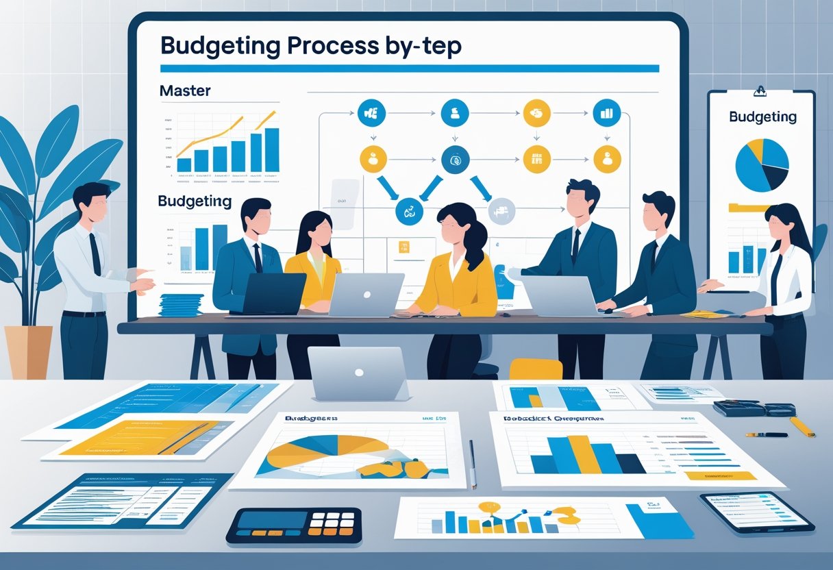 A group of professionals working together around a table with financial documents and charts illustrating the budgeting process.