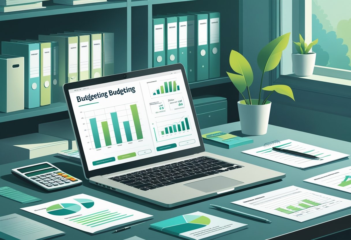 A desk with a laptop showing budgeting charts, calculator, notepad, pen, and financial documents arranged neatly, with a bookshelf in the background.