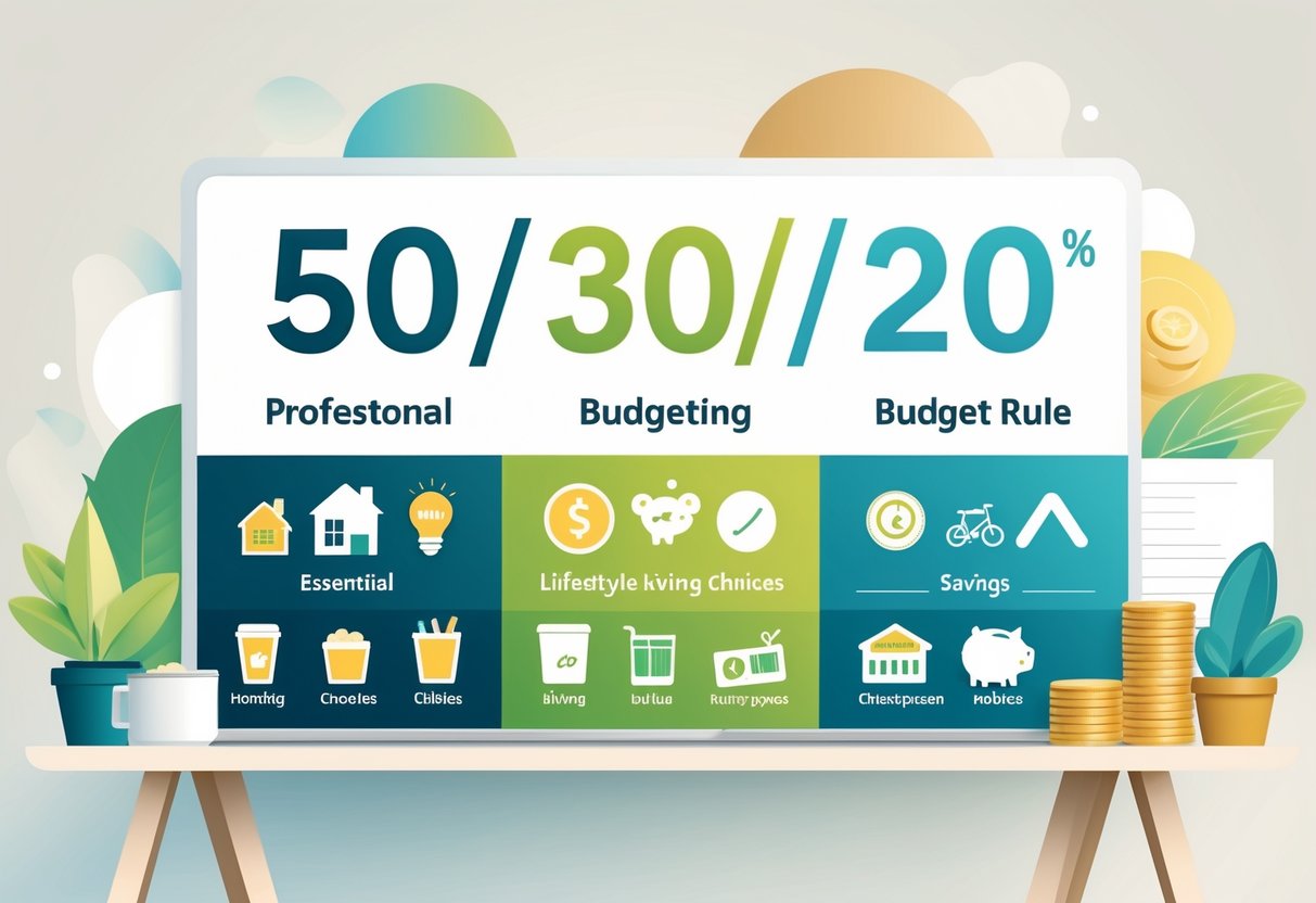 A workspace illustration divided into three sections representing essential expenses, lifestyle spending, and savings, each with related icons like a house, coffee cup, and piggy bank.