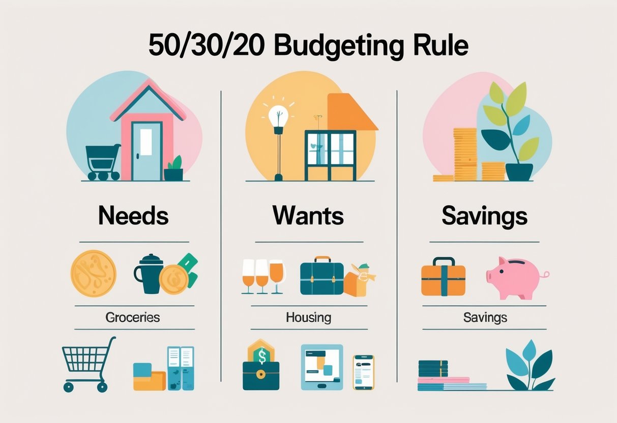 Illustration showing three sections representing budgeting categories: essential needs with groceries and housing icons, lifestyle wants with dining and travel icons, and savings with a piggy bank and coins.