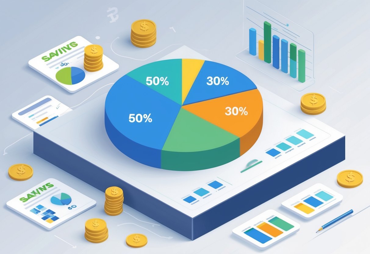 A central pie chart divided into three colorful segments representing the 50/30/20 budgeting rule, surrounded by smaller charts showing other budgeting methods.