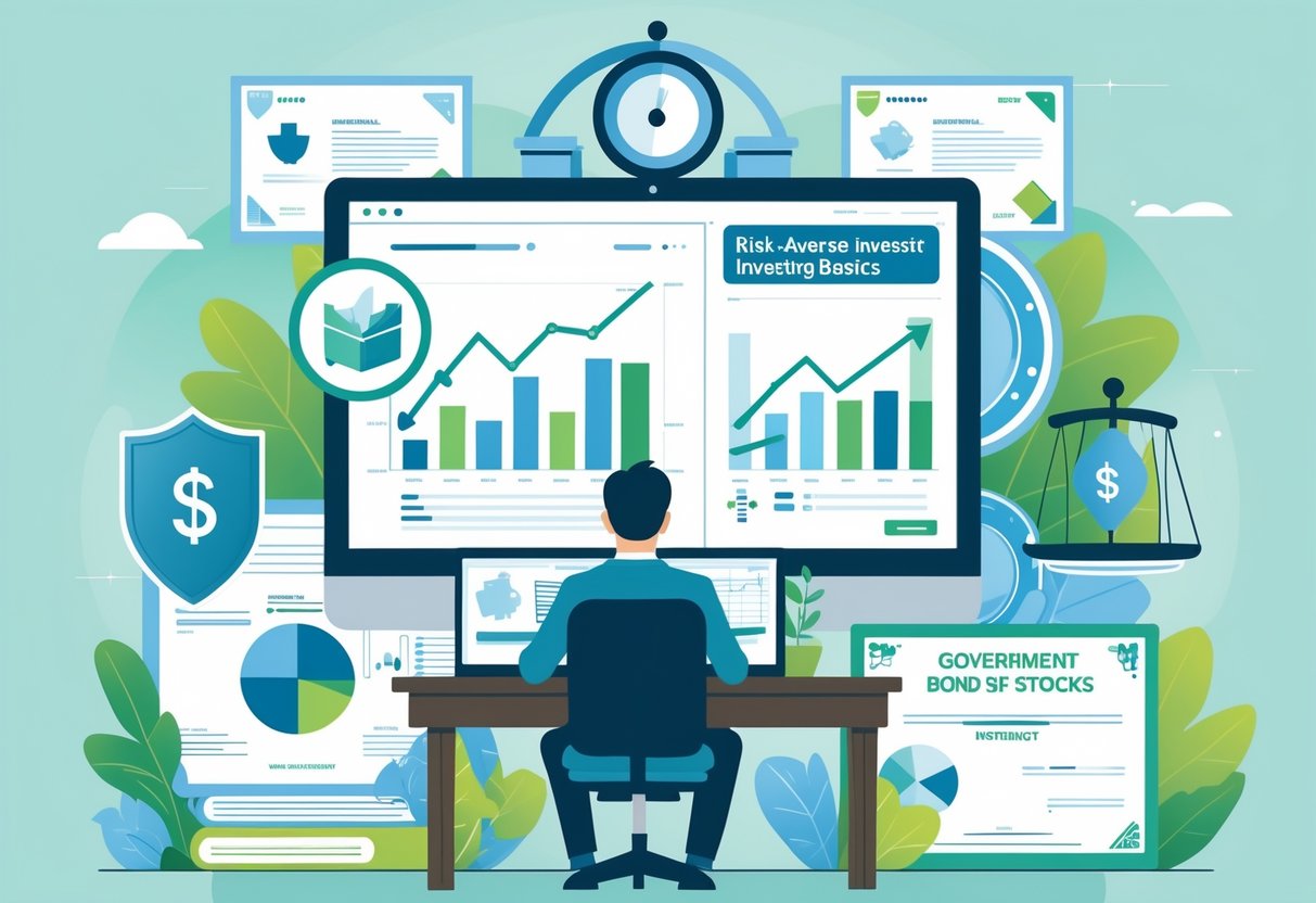 An investor calmly reviewing a diversified portfolio with icons representing safe investments and a balanced scale symbolizing risk management.