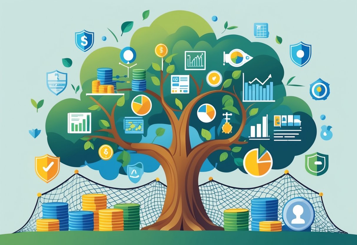 A balanced tree with branches holding various investment symbols, surrounded by protective elements representing safe and diversified investing.
