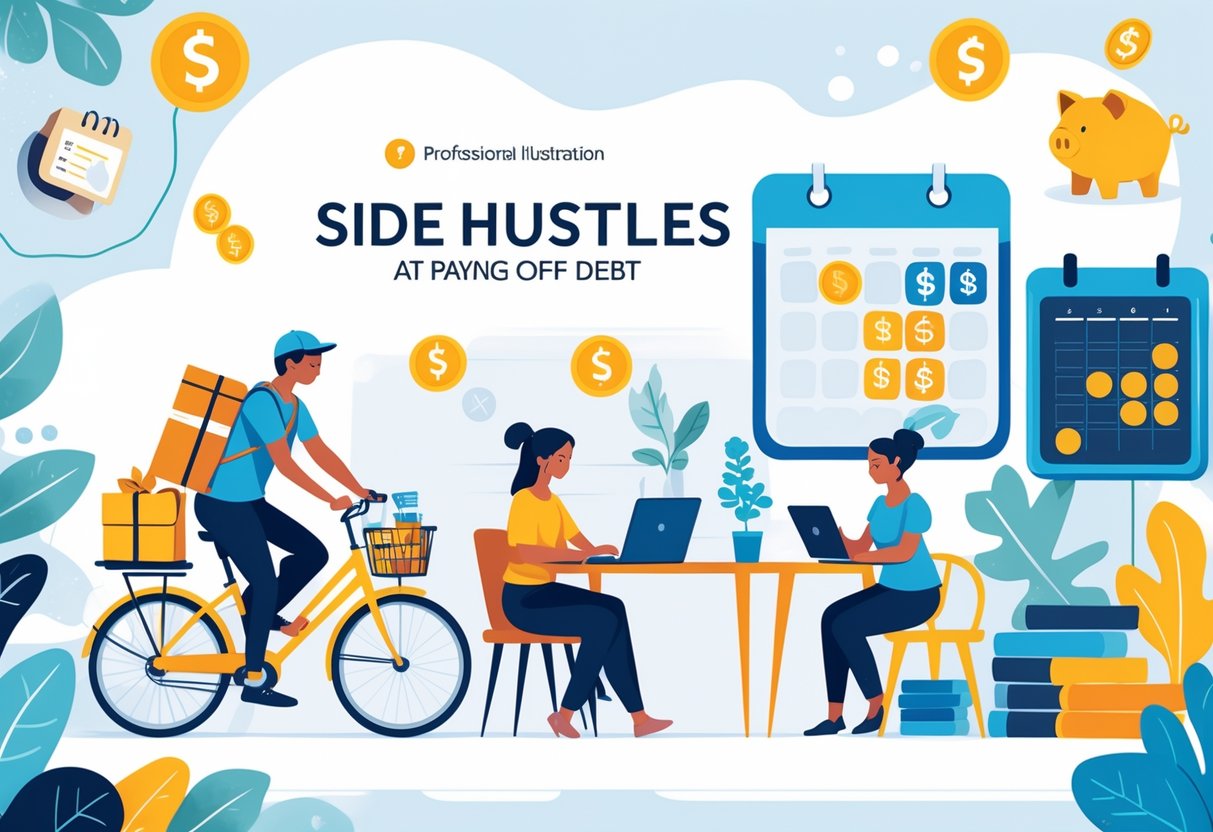 People engaged in various side hustles like delivery, laptop work, crafting jewelry, and tutoring, surrounded by symbols of saving money and financial goals.