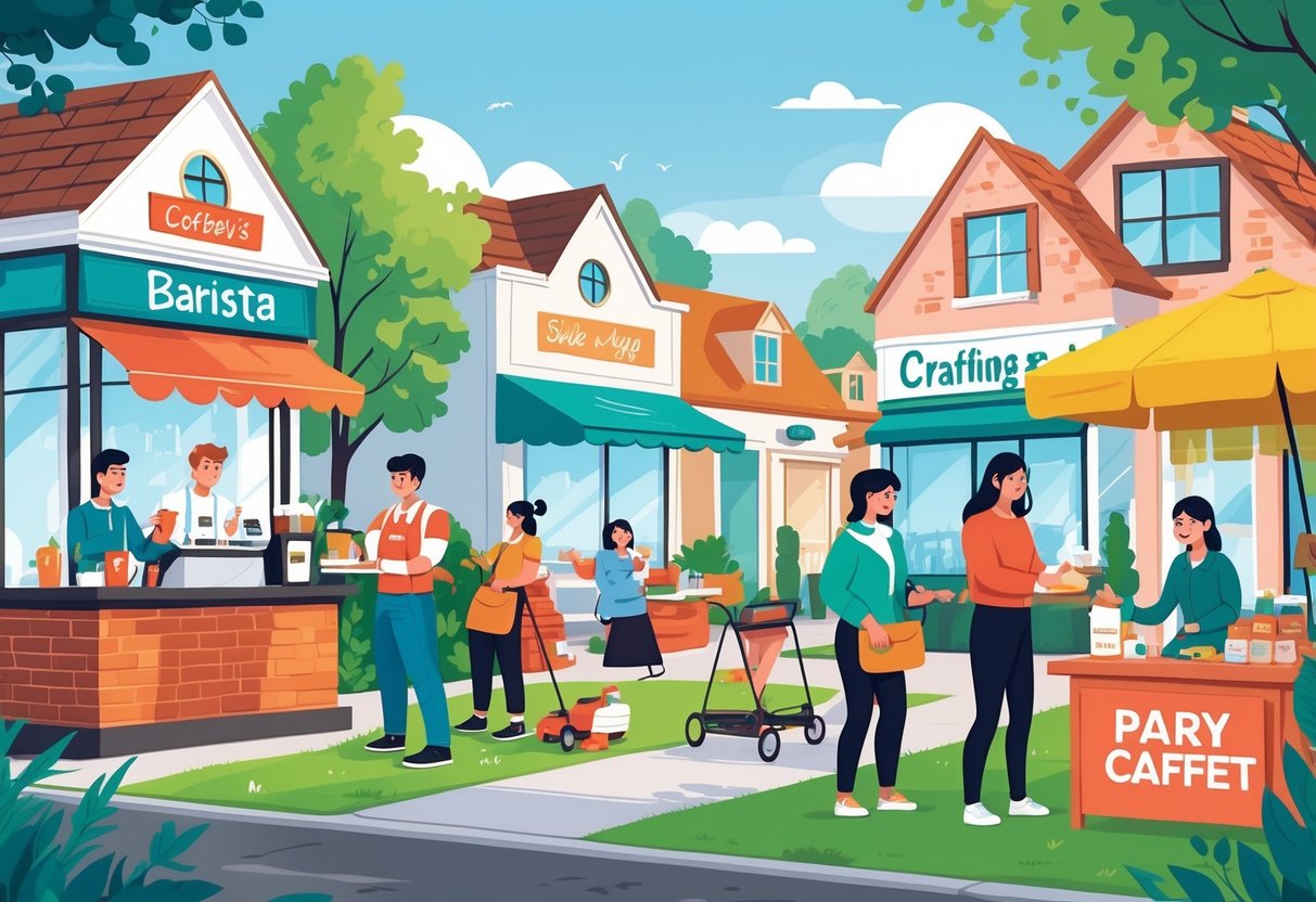 People engaged in various local side jobs like serving coffee, lawn care, tutoring, and selling crafts in a neighborhood setting.