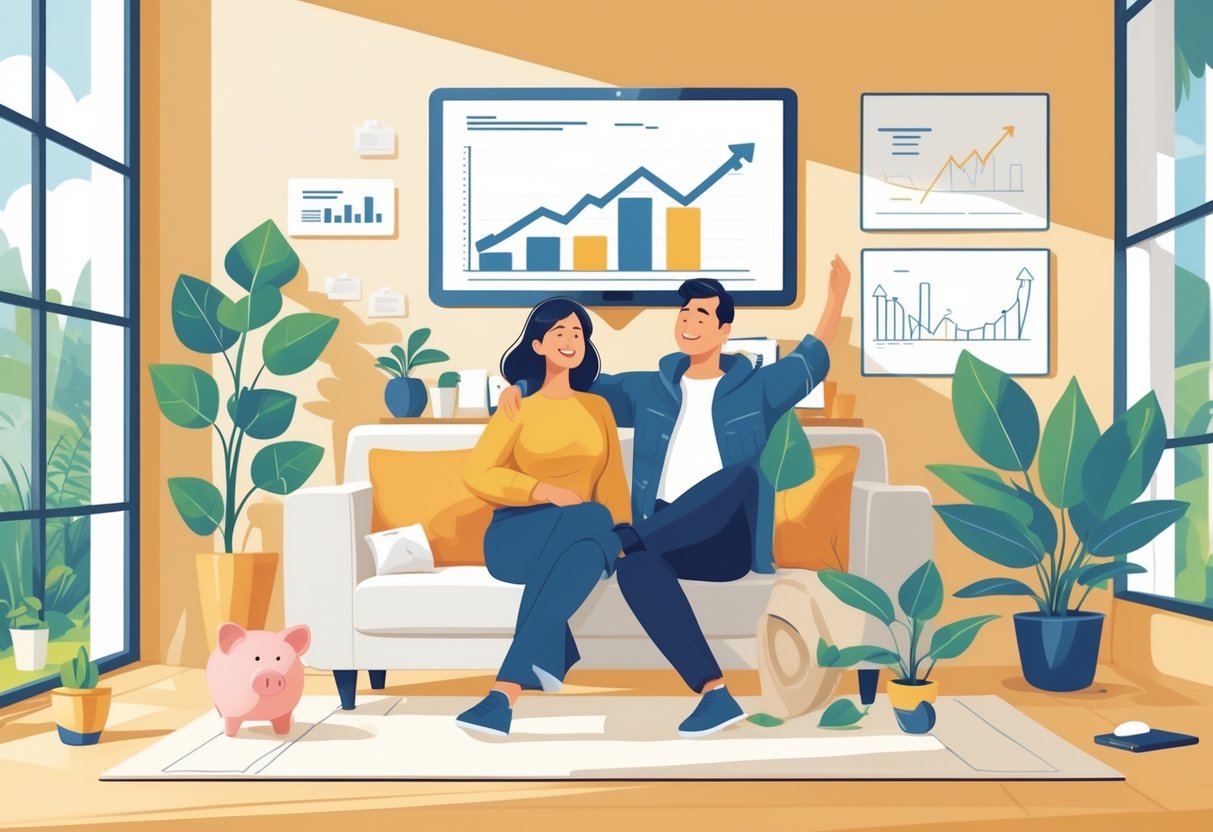 A person or couple in a comfortable home surrounded by symbols of financial growth, looking relaxed and content.