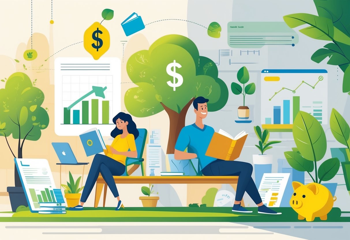 A person enjoying leisure activities outdoors in a park, surrounded by symbols of financial growth and stability, conveying a balanced and comfortable lifestyle.