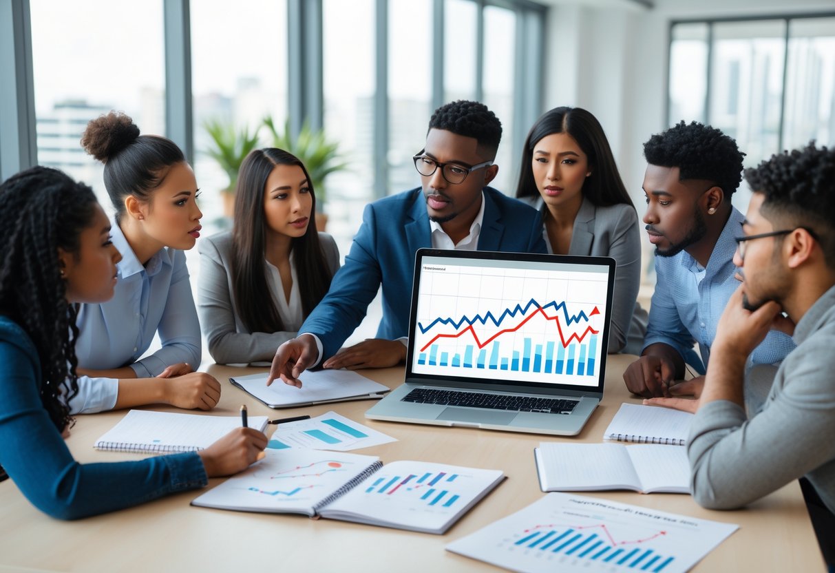 V2-17aa5u-xi864 - Lets Hack Your Finances A group of young adults sitting around a table with notebooks and a laptop showing financial charts, engaged in a discussion about investing.