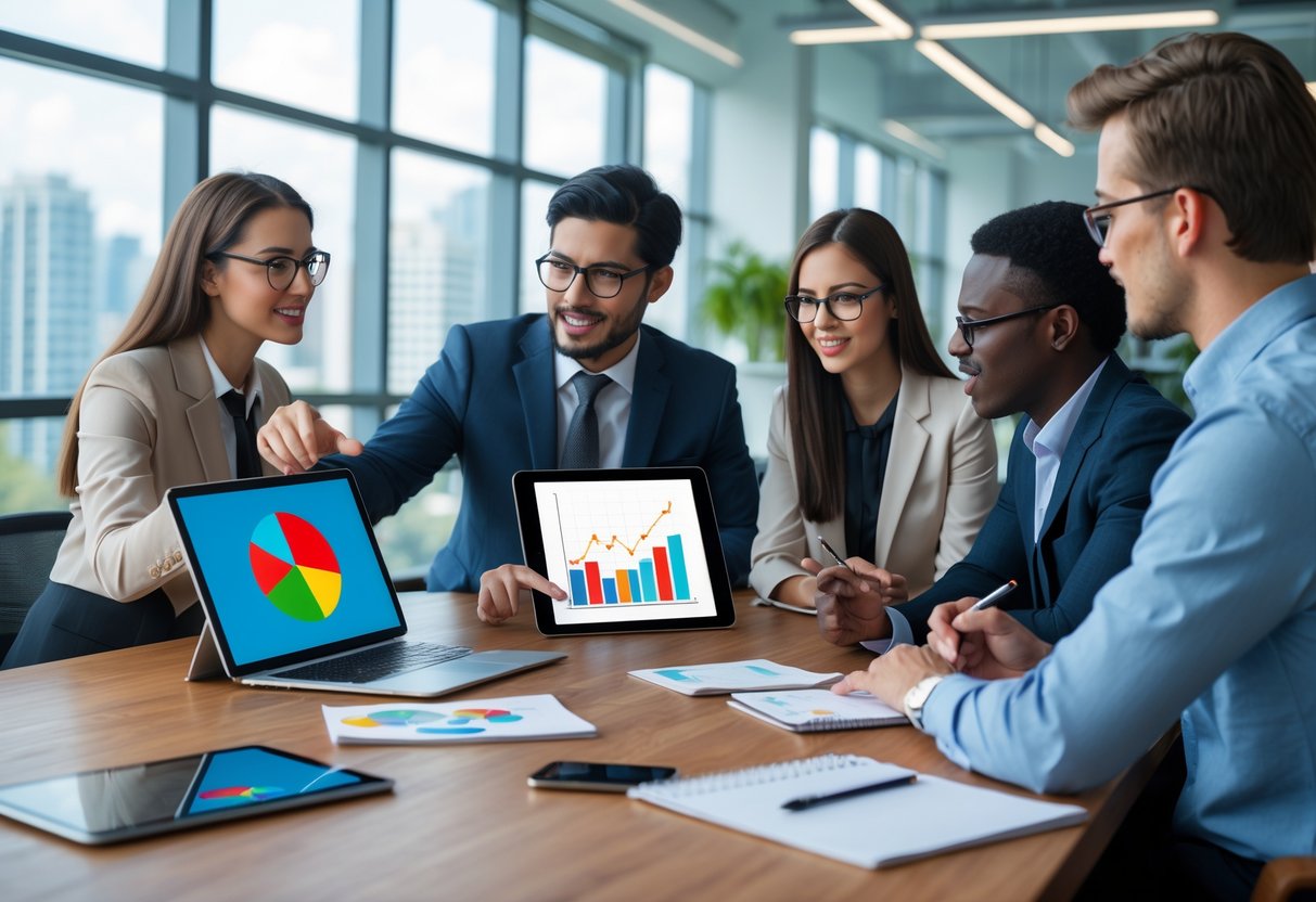 V2-17aa9x-ok1bd - Lets Hack Your Finances A group of young professionals discussing financial charts and graphs around a table in a bright office.