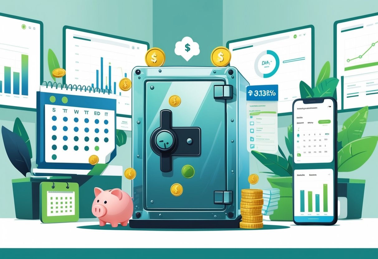 A secure safe surrounded by symbols of saving money, planning, and financial management, representing an emergency fund system.