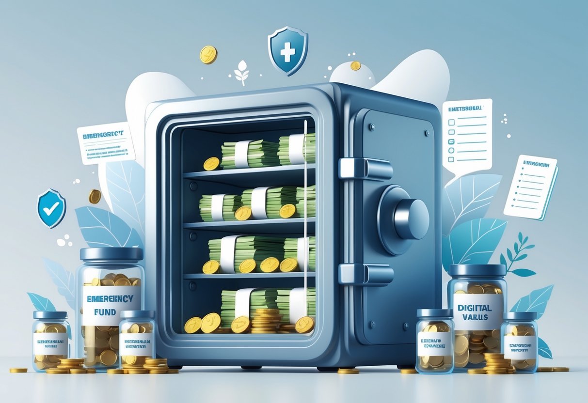 A safe filled with money surrounded by various containers representing different ways to keep emergency savings.