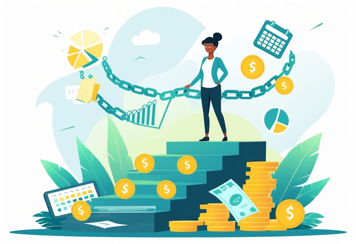 A person standing on a staircase made of coins and bills with broken chains in the background, surrounded by icons like a calculator and pie chart, symbolizing financial progress and freedom from debt.