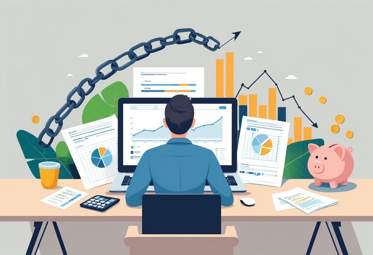 A person sitting at a desk reviewing financial documents and charts with symbols of financial progress and freedom from debt around them.