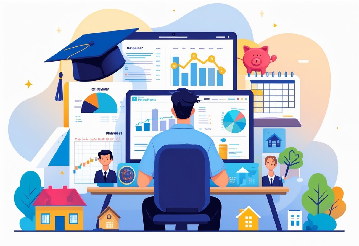 V2-17t45q-ehurk - Lets Hack Your Finances A young adult sitting at a desk reviewing financial documents with symbols of student loans and life milestones like a graduation cap, piggy bank, calendar, house model, and family photo around them.