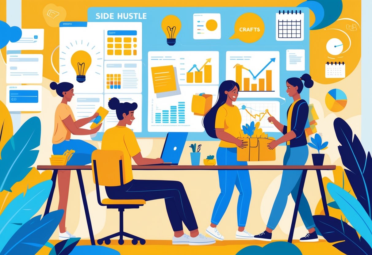 A group of people working on different side hustle activities in a bright, modern workspace.