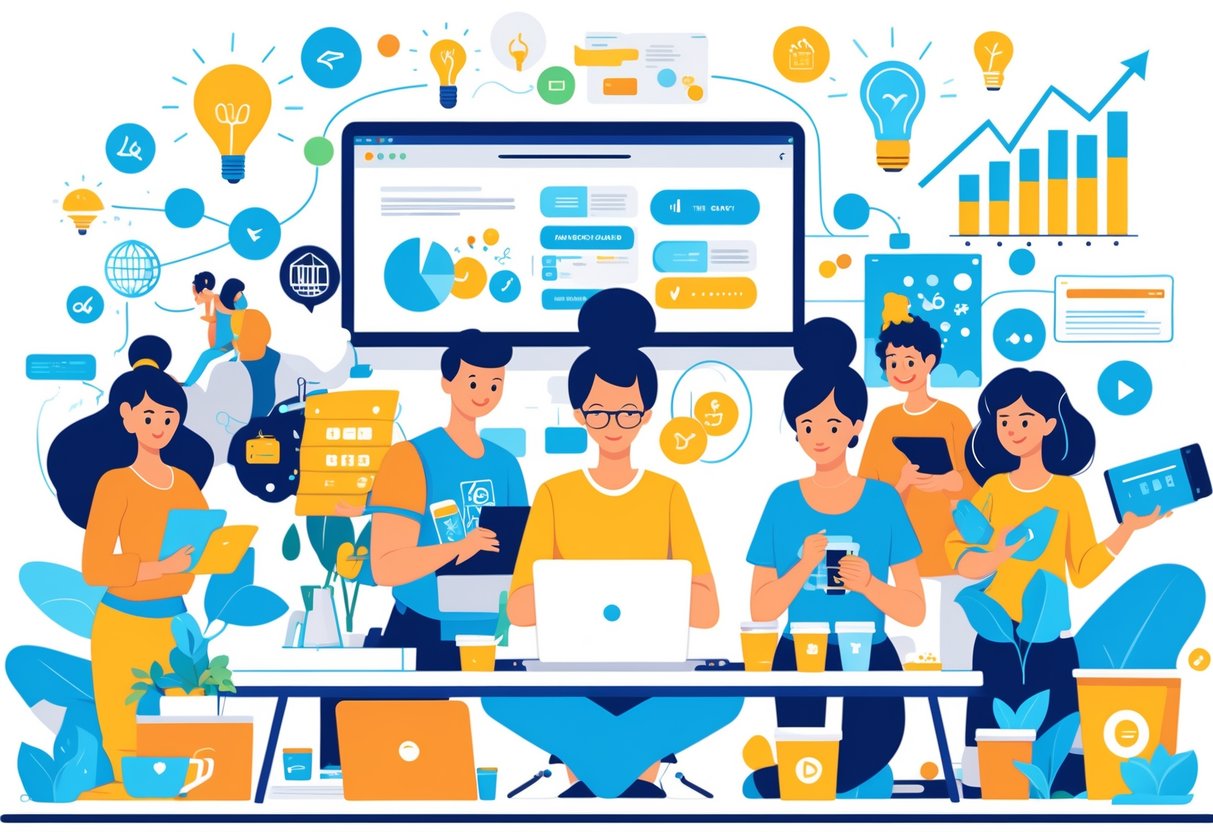 People engaged in various creative and sales side hustles, including designing, crafting, and selling products in a bright, modern workspace.