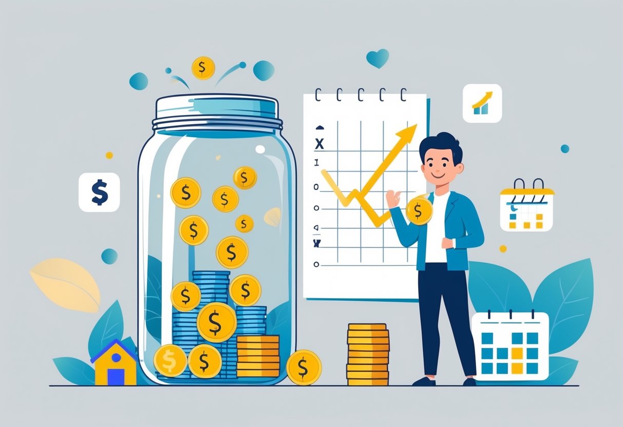 V2-17x2ox-ge5dm - Lets Hack Your Finances A person standing next to a jar with money symbols and holding a chart showing financial progress, surrounded by icons representing financial freedom and planning.