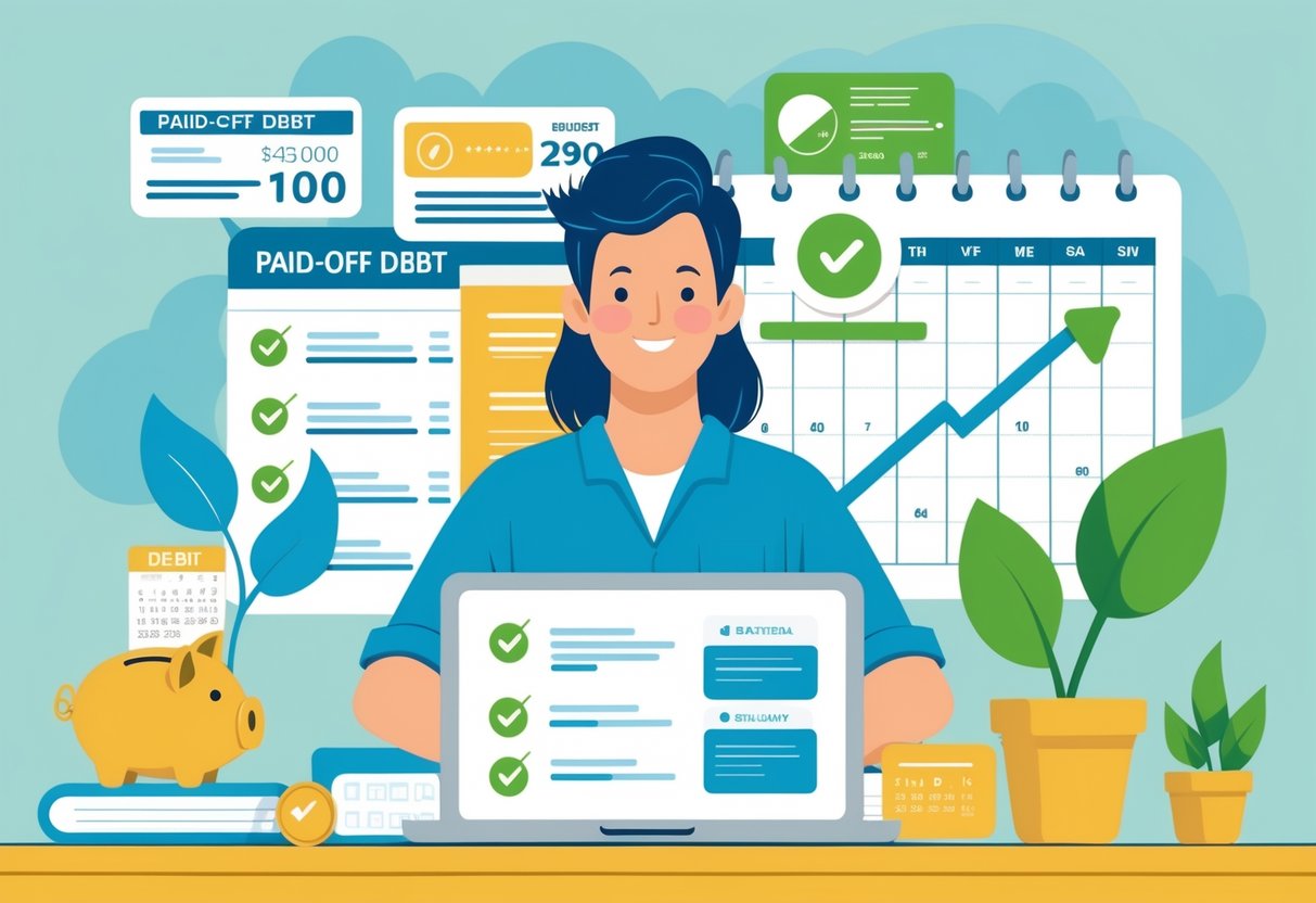 A person sitting at a desk reviewing their finances with symbols of paid debts, savings, and scheduled payments around them.