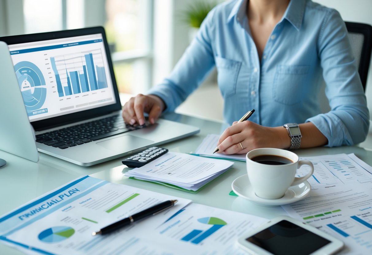 Person at a desk working on financial planning with laptop, calculator, and notes.