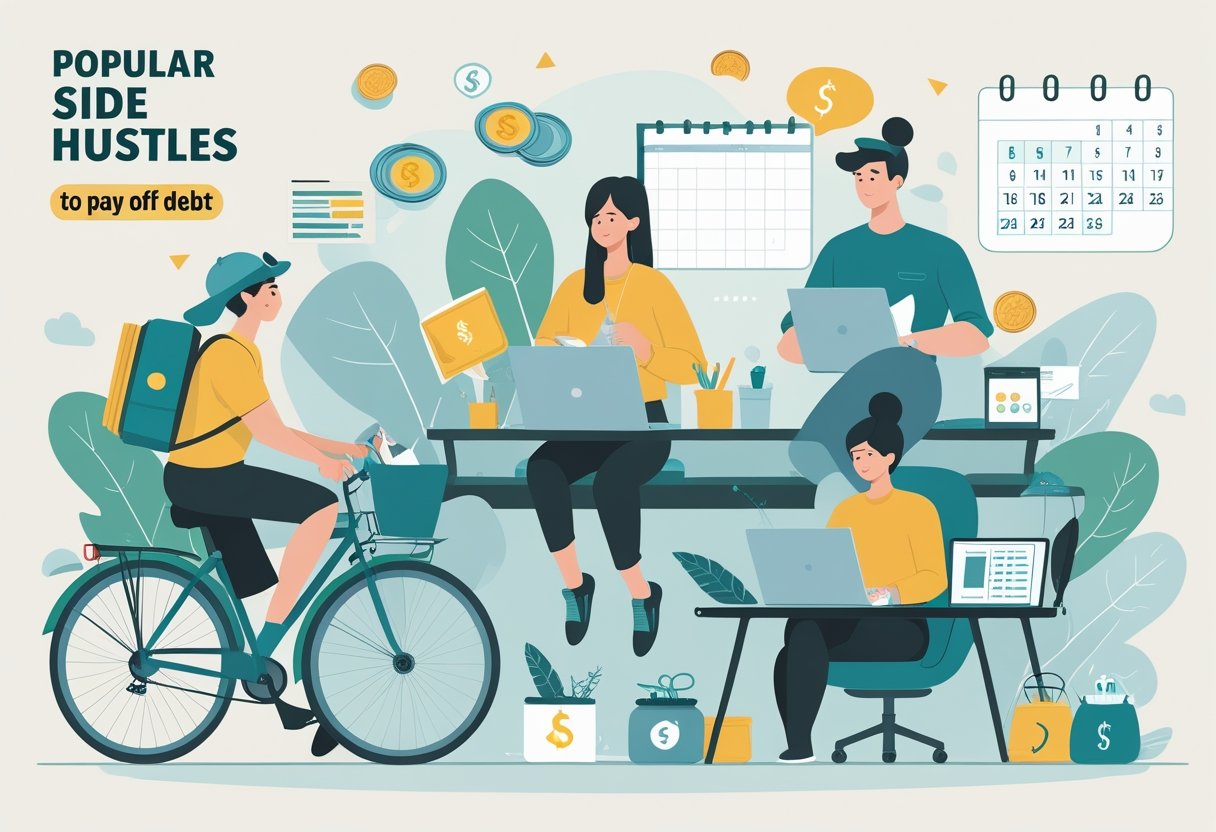 Poplar Side Hustles - Lets Hack Your Finances A group of people engaged in various side hustles like package delivery, tutoring, freelancing on a laptop, crafting jewelry, and ridesharing, surrounded by symbols of saving money and planning.
