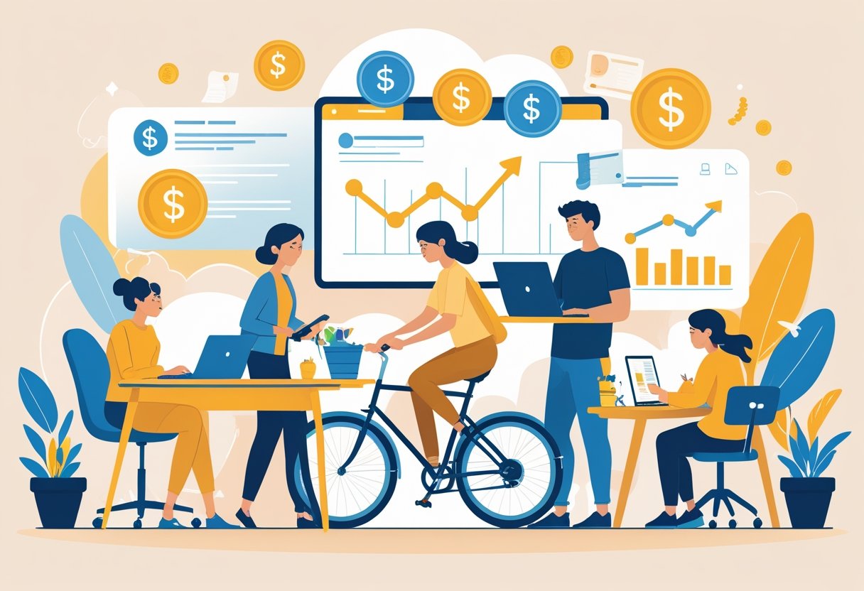 Various Hustles - Lets Hack Your Finances A diverse group of people working on different side hustles such as laptop work, package delivery, crafting, and tutoring, surrounded by financial symbols representing paying off debt.