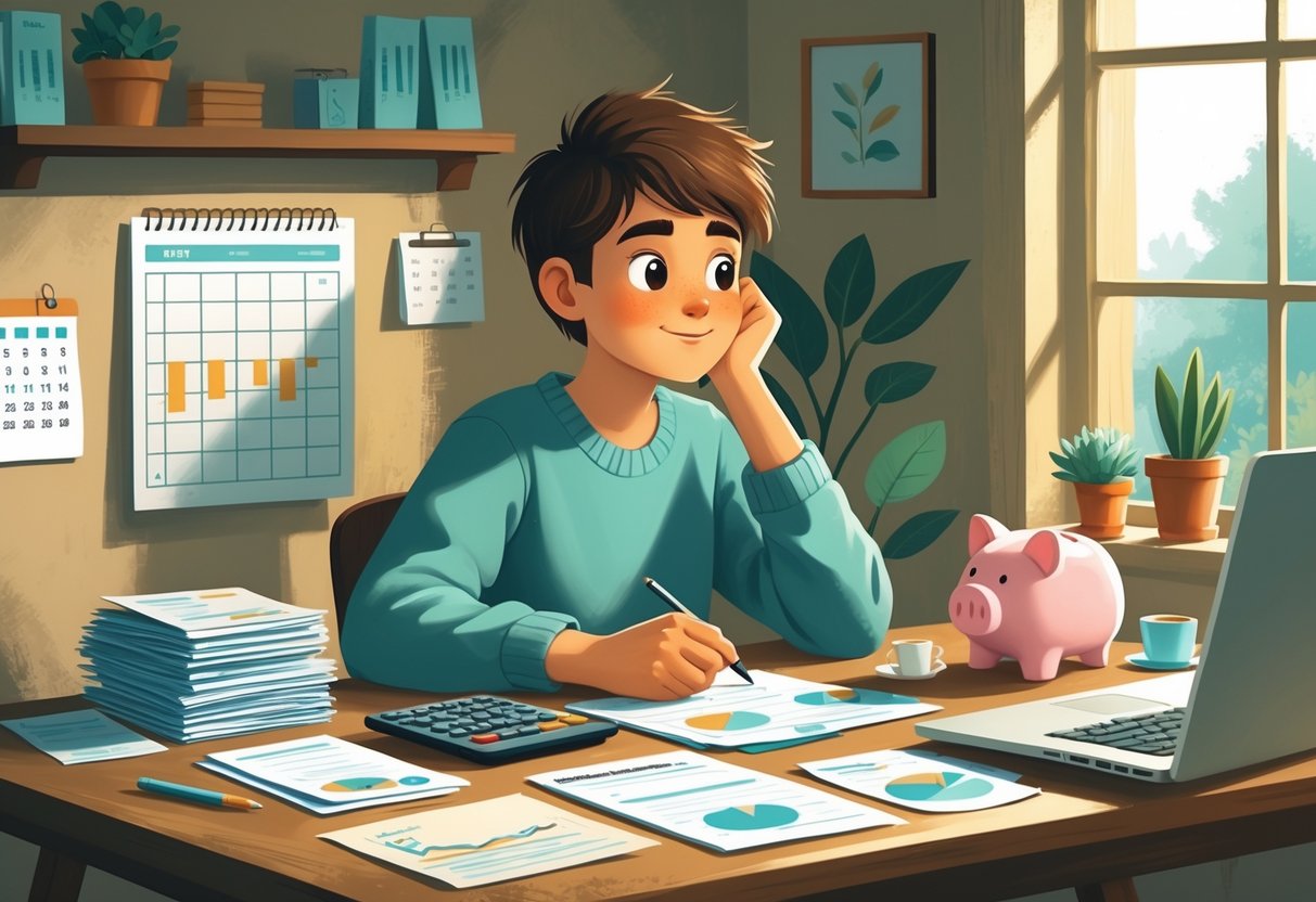 One Day I Will Be Debt Free - Lets Hack Your Finances A person sitting at a desk organizing bills and using a calculator to manage finances in a modest room.