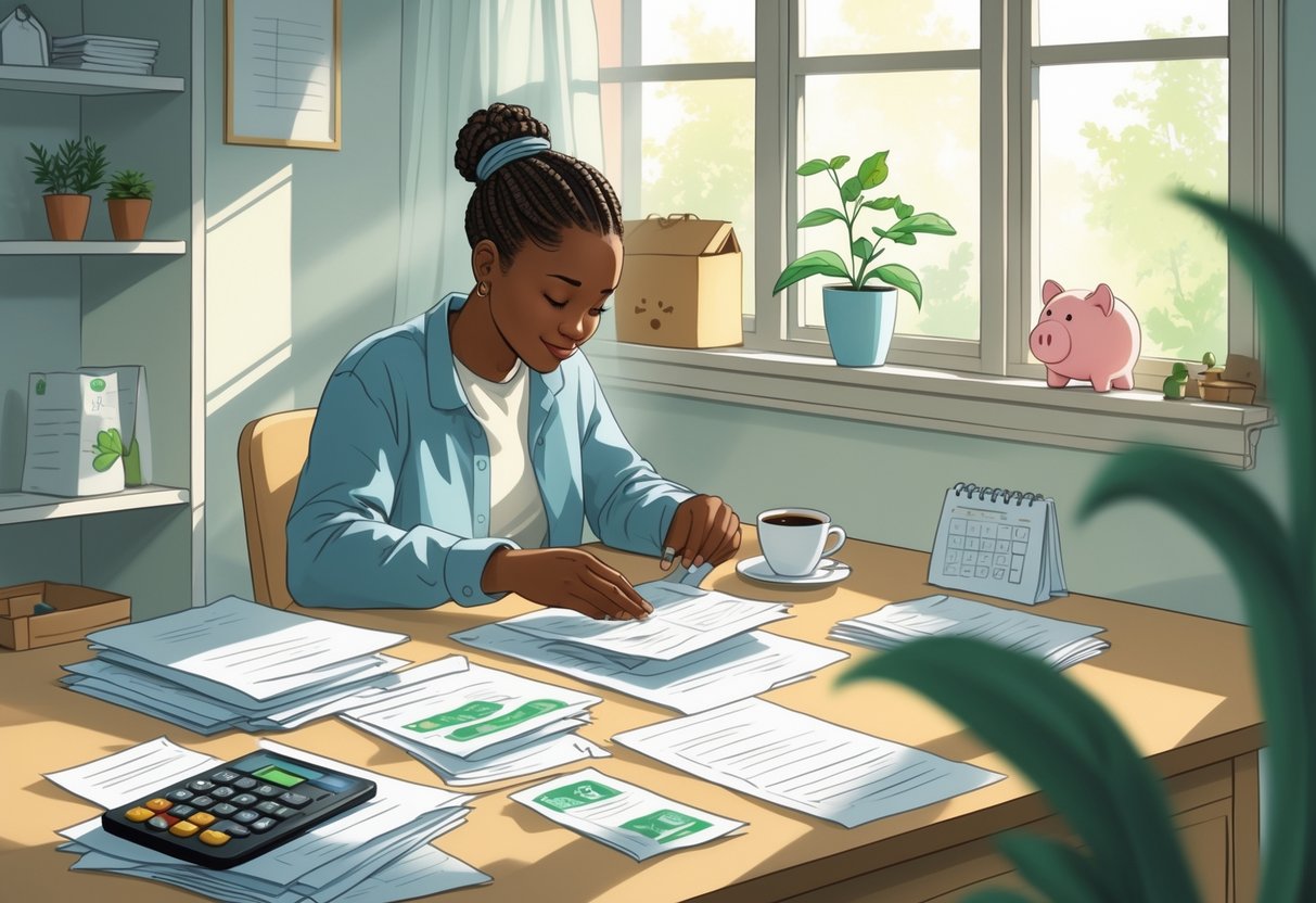 Working the Budget - Lets Hack Your Finances A person sitting at a desk in a modest home, organizing bills and budgeting papers with a calculator and a plant nearby.