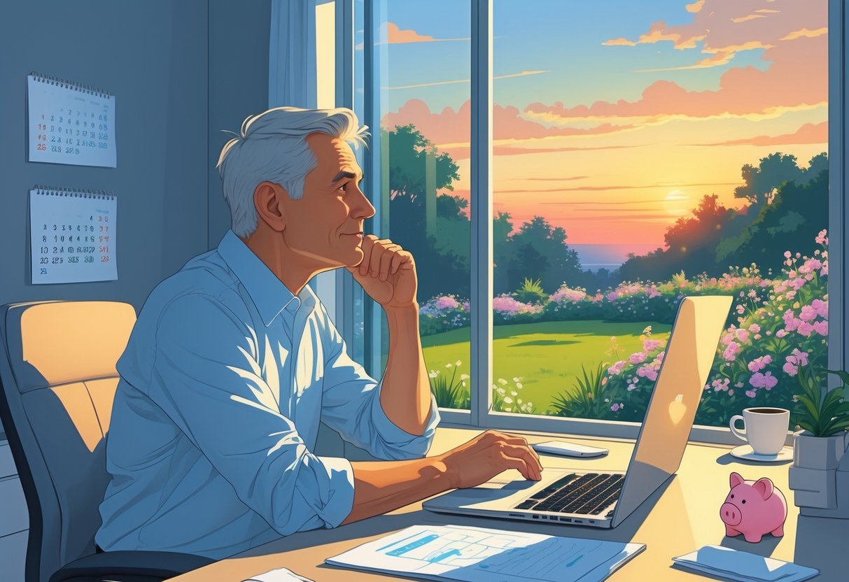 A middle-aged person sitting at a desk in a home office, looking thoughtfully out a window at a peaceful garden during sunset.