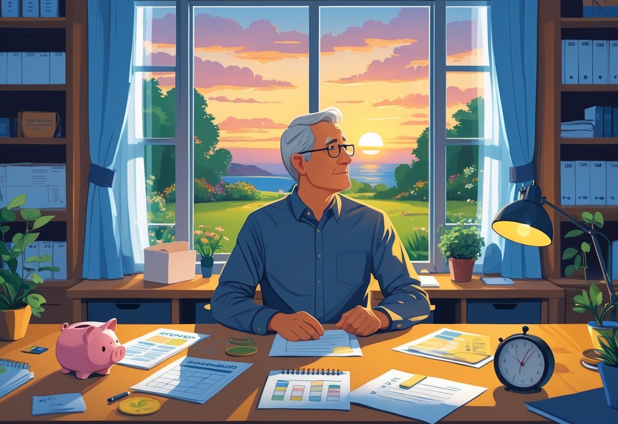 A person sitting at a desk in a home office, looking thoughtfully out a window at a sunset over a garden, surrounded by financial planning items.