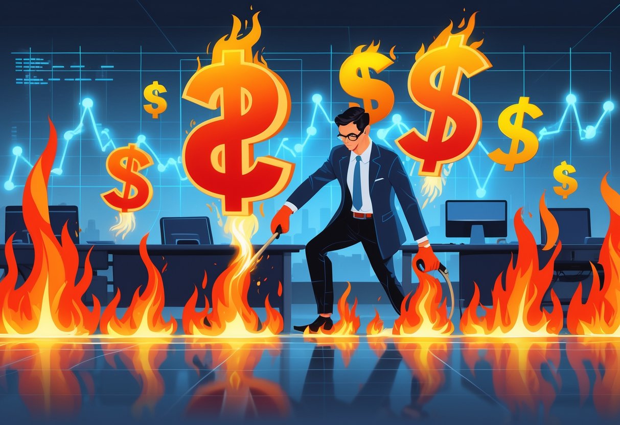 A businessperson managing flames shaped like currency symbols with financial charts in the background.