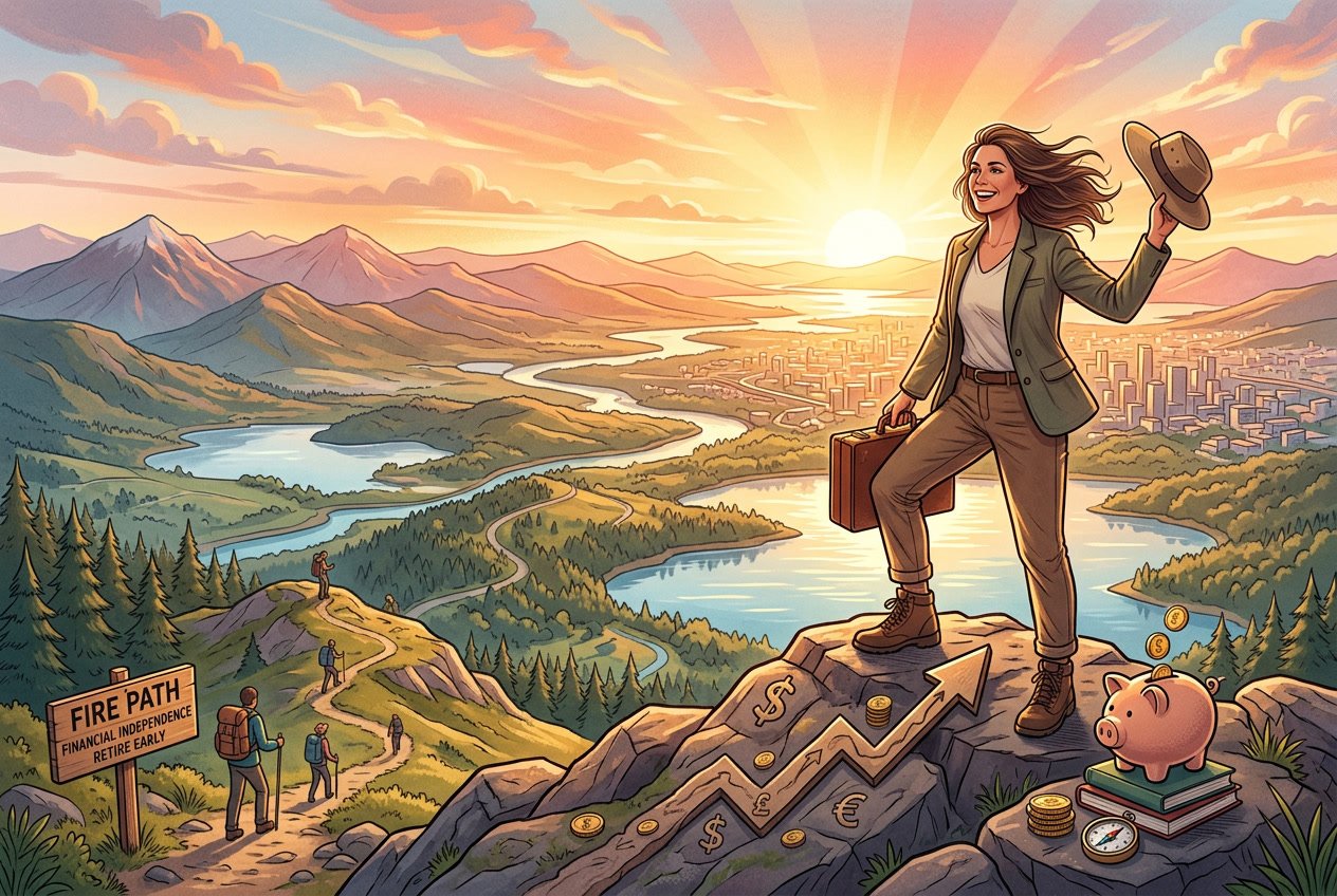 A person standing on a mountaintop at sunrise overlooking fields, lakes, and cities, symbolizing freedom and early retirement.