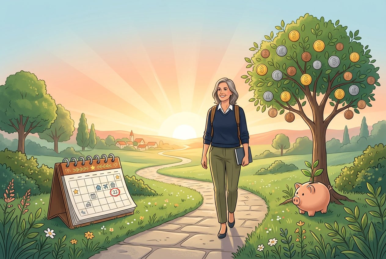 A person standing on a path toward a bright horizon with symbols of financial growth and early retirement around them.