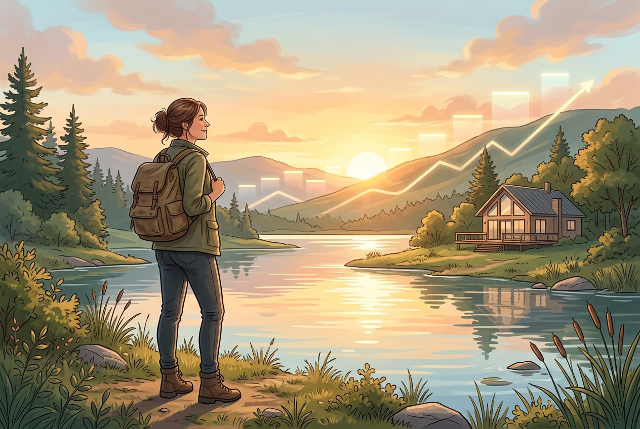 A person standing by a calm lake at sunrise with a backpack, overlooking a peaceful landscape with a house and subtle financial growth symbols in the background.